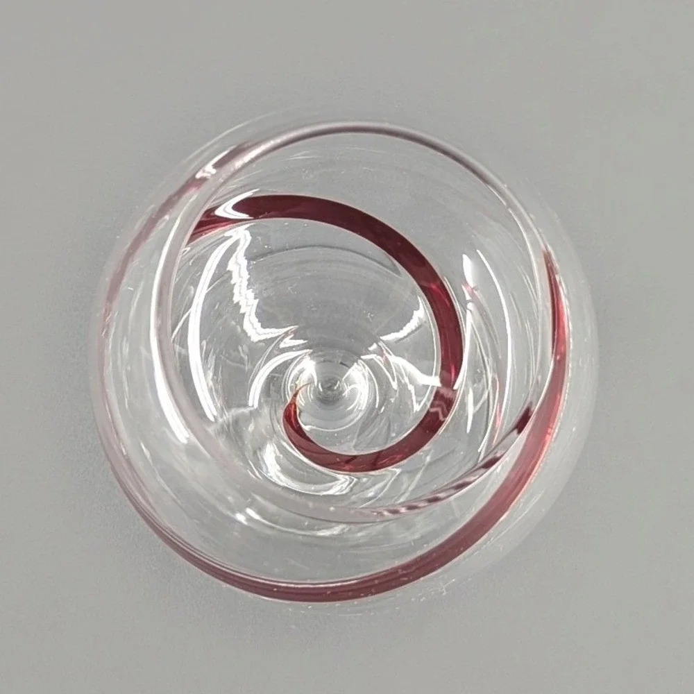 Pier 1 Red Ribbon Swirl Clear Glass Wine Goblet Hand Blown Balloon Stemware